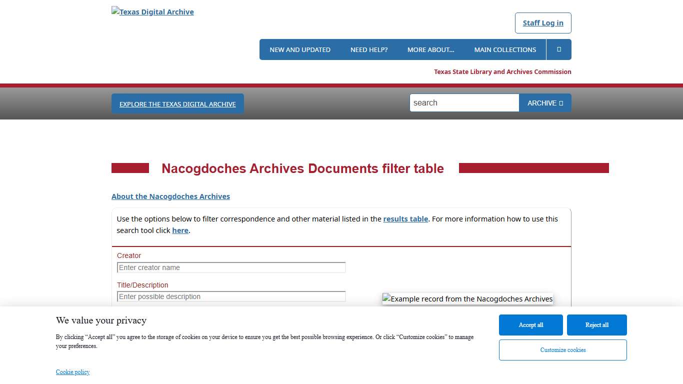 Nacogdoches Archive Non-Correspondence filter table | Texas Digital Archive